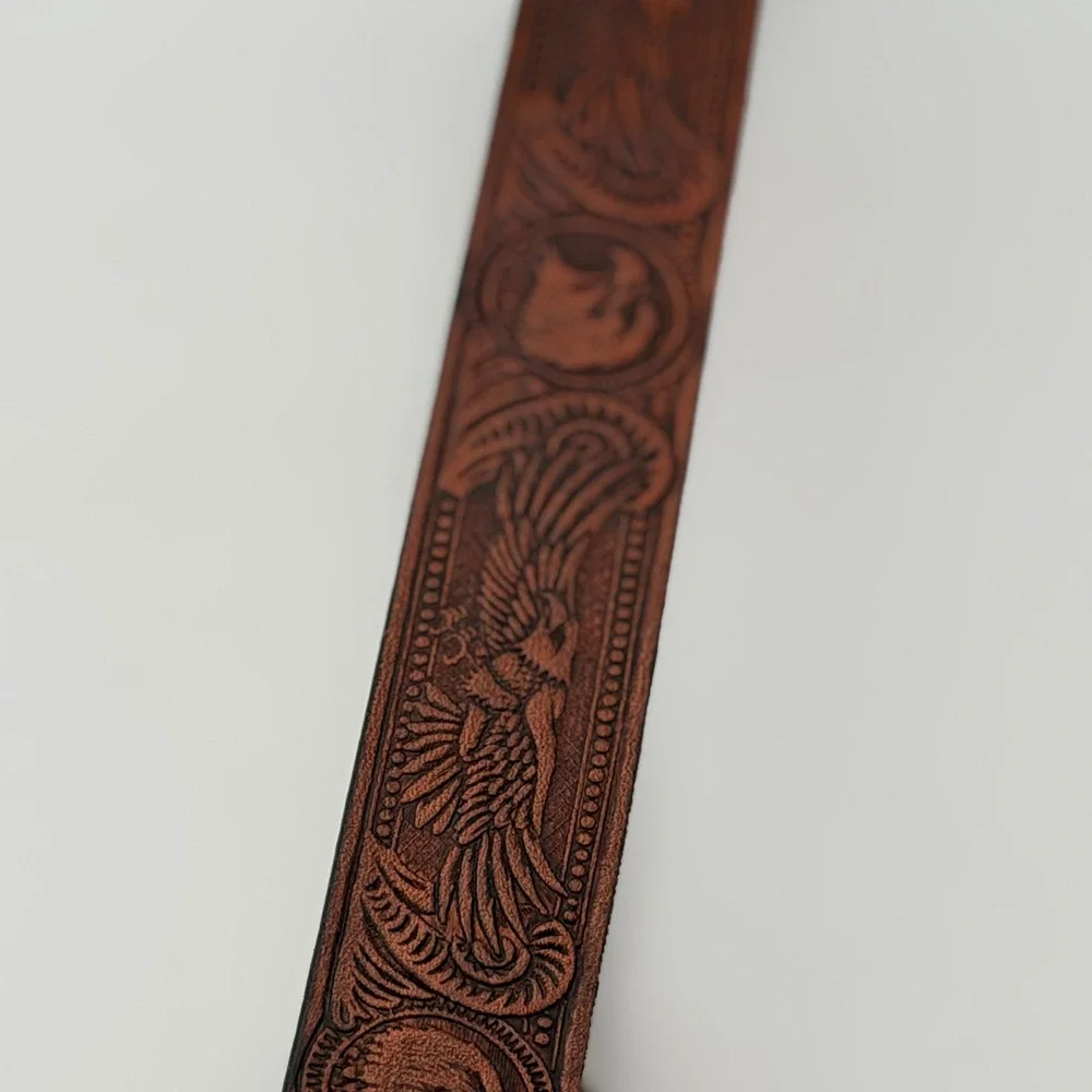 Vintage Western Brown Tooled Leather Belt Eagle Phoenix Embossed Silver Buckle